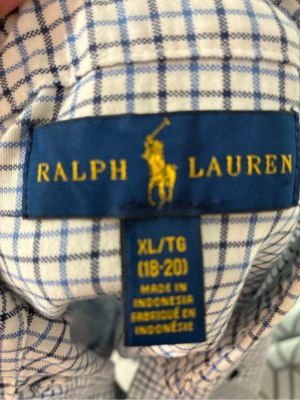 Ralph Lauren White & Navy Grid Button-Down Shirt boys youth Sz XL 18/20